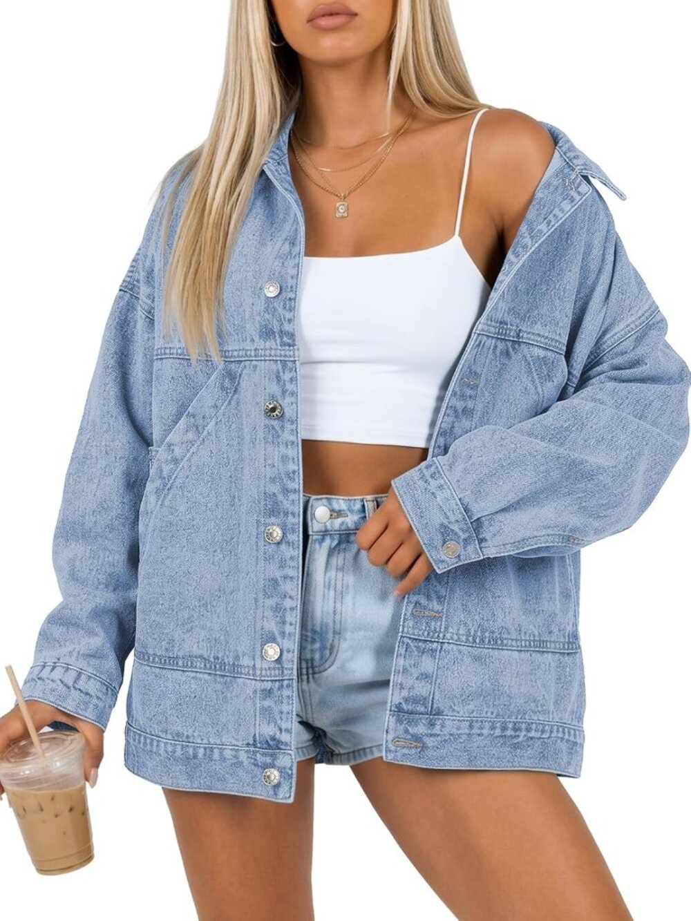 Women’s Light Blue Oversized Boyfriend Denim Loose Fit Coat Pockets Jean Jacket